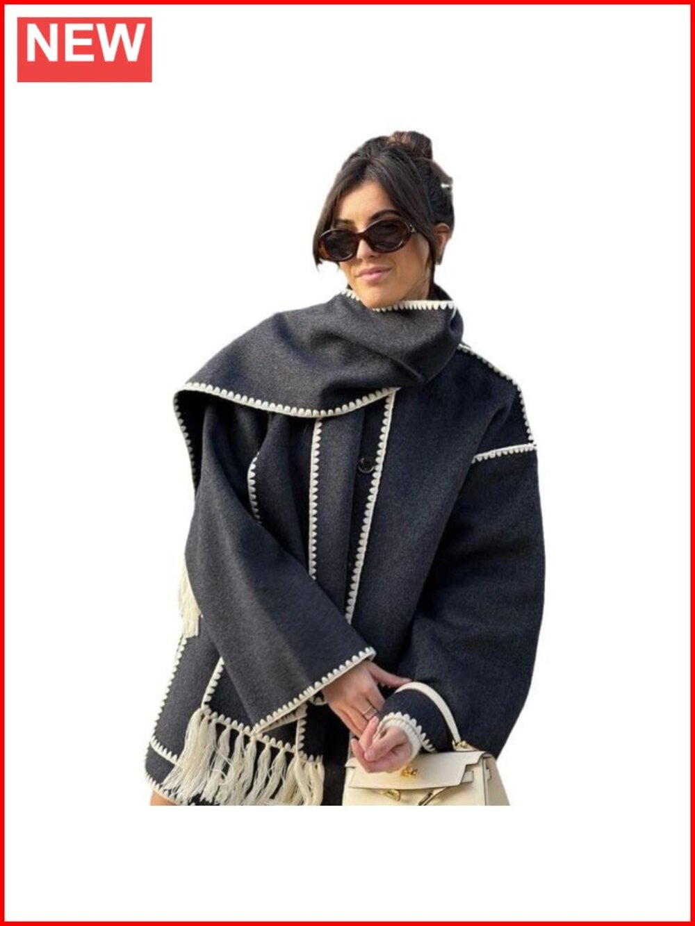 Wool Blend Wide Sleeve Cardigan with Scarf Neck
